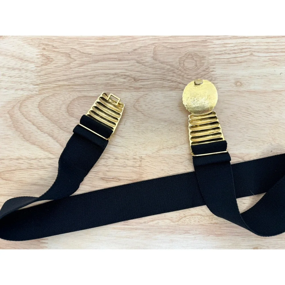 Vintage Gold Tone Wide Stretch Belt Faux Pearl‎ Buckle Black Elastic 1980's